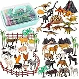 TOEY PLAY 3 in 1 Tierfiguren, Dinosaurier Figuren, Safari Wildtiere, Bauernhof Spielzeug, 56 Stück mit Portable Koffer, Geschenk für Kinder Jungen ab 3 Jahre