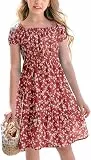 Haloumoning Mädchen Kleider Eckiger Ausschnitt Blumenkleid Kleider Sommer Puffärmel A-Linie Midikleid Kinder Partykleid,Rot,13-14 Jahre