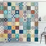 ABAKUHAUS Marokkanisch Duschvorhang, Tunesische Original-Ost, Stoffliches Gewebe Badezimmerdekorationsset mit Haken, 175 x 180 cm, Teal Mehrfarbig