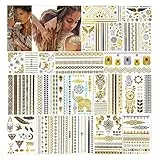 URAQT 20 Blätter 250+ Gold Temporäre Tattoos, Flash Tattoos Temporäre Klebe-Tattoos, Festival Accessoires Frauen Zubehör Klebetattoos Erwachsene, Halloween Klebe Tattoos Zum Aufkleben Haut