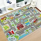 Capslpad Kinder Teppiche Spielteppich für Kinder Stadt 100x160cm rutschfest Kinderteppich Spielmatte Maschinenwaschbar Kurzflor Pädagogischer Spielteppich für Kinderzimmer Spielzimmer Dekor, Hellblau