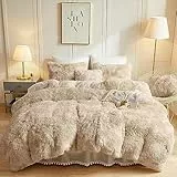 Michorinee Plüsch Bettwäsche 135x200 Winter Flauschig Warme Bettbezug Fleece Flausch Langhaar Kunstfell Tie Dye Gedruckt Beige Bettwäsche-Sets mit Kissenbezug 80x80 cm Reißverschluss