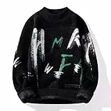 KIMKCY Sweater Teenager Trendy Jacquard Druckplüschmeldung Viel Vielseitiger Loser Pullover-Black,XL