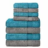 Komfortec 8er Handtuch Set aus 100% Baumwolle, 4 Badetücher 70x140 und 4 Handtücher 50x100 cm, Frottee, Weich, Towel, Groß, Anthrazit/Türkis