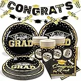 SUNBEAUTY 66 Stück Abschluss Dekoration Partygeschirr 2026 Schwarzes Gold Abschlussdeko Einschließlich Congrats Grad Banner, Pappteller, Pappbecher, Servietten