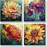 Pujeknm 4 Stück Malen Nach Zahlen Erwachsene Blumen(mit Rahmen)-DIY Blume Handgemalt Ölgemälde Kit für Anfänger,Acrylfarbe Handgemalt öLgemäLde Kit als Geschenk,Mittel 20x20cm(Schöne Blumen)