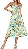 Kate Kasin Damen Midikleid ärmellos U-Ausschnitt Blumendruck Elastische Taille A-Linie Sommer Sommerkleid Mitte Wadenlänge Weicher Stoff Blau Orange Floral XL