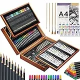 MIAOKE 174 TLG Malset, Malkoffer für Kinder, Hochwertiger Malkoffer aus Holz mit 2 Skizzenbuch, 12ml Acrylfarben, Buntstifte, Wachsmalstifte, Marker, HB-Stifte, Pinsel (31,5 x 45,5 x 10 cm)