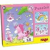 HABA Puzzles Einhorn Glitzerglück – 3 Zauberhafte Glitzerpuzzles mit Einhornmotiven, jeweils 12, 15 & 18 Teile – Fördert Motorik & Konzentration ab 3 Jahren – 1300299001