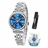 Taxau Armbanduhr Damen Silber Und Blaues Zifferblatt Damenarmbanduhr Wasserdicht Analog Edelstahl Damen Uhren Datum Damenuhr Silber Quarzuhr Armbanduhren FüR Damen Metallarmband