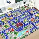 Capslpad Kinder Teppich Spielteppich für Kinder Stadt 150x200cm rutschfest Kinderteppich Spielmatte Maschinenwaschbar Kurzflor Pädagogischer Spielteppich für Kinderzimmer Spielzimmer Dekor, Blau