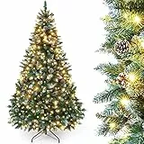 Yorbay künstlicher Weihnachtsbaum mit Beleuchtung und weißem Schnee, LED Tannenbaum für Weihnachten-Dekoration mit echten Tannenzapfen, Feuerbeständig (150CM)