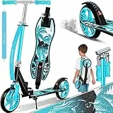 KESSER® Scooter Roller Kinderroller Cityroller Tretroller Kickroller, für jedes Alter, Höhenverstellbar bis 190cm, bis zu 100kg,Klappmechanismus, Inkl. Tragegurt, Kickscooter, Dino (Türkis)