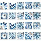 Fliesenaufkleber 20 Stück, Klebefliesen Marokkanischen Mosaik Bad, PVC Fliesenfolie Wasserdicht Küche, Treppen, Klebefolie Fliesenoptik Aufkleber, Blau Fliesen Sticker Leicht zu Entfernen15x15 Cm