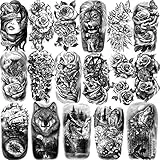 77 Blätter Temporäre Tattoos für Männer Frauen und Kinder, Halber Arm Löwe Wolf Eule Elch Schlange Rose, Realistisch Gefälschte Aufkleber Wasserdicht für Erwachsene Unterarm Schulter Nacken