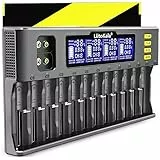 Retoo Akku Ladegerät für AA, AAA, 9V NI-MH/NI-CD, Li-ion-3.70V/3.80V, LiFePO403.20V, 12-Ladeplatz, Universal Schnell Batterieladegerät mit LCD Anzeige, Wiederaufladbare Batterien, Schwarz