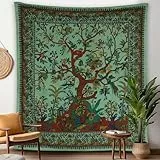 Craft Trade Grün Baum Wandteppich Indische Wandtuch Tapestry Wandbehang Boho Wandteppiche für Heimdeko Wohnzimmer und Schlafzimmer - 127 x 152 cm