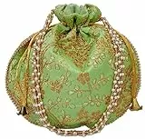 Purpledip Silk Potli Bag (Clutch, Drawstring Purse): Aufwendige Goldfaden-Stickerei Satchel für Damen, Hellgrün Lime (12602F), Green Vines, Large