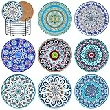 BOENFU Mandala Untersetzer mit Halter 8er Set Keramik Kork Untersetzer für Getränke, Tassen, Bar, Vasen, Kerzen, Küche Wohnzimmer Dekoratio, 10cm