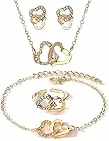 FDEETY 4 Stück Doppelherz Schmuckset Halskette Ohrringe Armband Ring Kristall Damen Schmuck Herzanhänger Hochwertig Elegant Schmuckkollektion