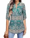 Amrto Bluse Damen Tunika T-Shirt Blumenmuster 3/4 Ärmel Longshirt V-Ausschnitt Schicke Festliche Blusen Tops Elegant Oberteile A-Linie Shirt Flowy Hemd Grün Paisley,Large
