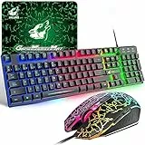 ZIYOU LANG T13 Gaming-Tastatur und Maus-Set [Spanisches QWERTY-Layout], 104 Tasten mit Rainbow LED Backlit, Maus mit 2400 DPI, Inklusive Mauspad, Kompatibel mit PS, PC, Laptop, Mac – Schwarz