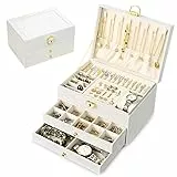 Ninonly Schmuckkästchen Ohrringe mit 3 Ebenen Schmuckkästchen für Damen Mädchen PU-Leder Schmuckaufbewahrung Ohrringe für Ringe Armbänder Halskette Mit Schloss und Schlüssel Weiß