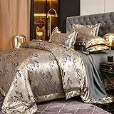 DXHOME Satin 220 x 240 Bettwäsche Set Gold Blau Jacquard Glatt Glänzend Bettdeckenbezug Microfaser Barock Bettbezug mit Reißverschluss und 2 Kissenbezüge 80 x 80cm