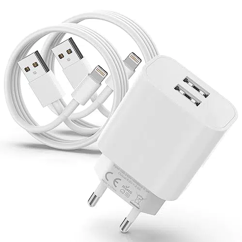 2 Port USB iPhone Ladegerät mit 2er Pack iPhone Ladekabel 2M