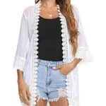 Aottori Damen Chiffon Cardigan Leicht Sommer Offene Front Bolero Lang Strand 3/4 Arm Strickjacke Beachwear Bikini Cover up Shawl Bluse Oberteil Tops Weiß L