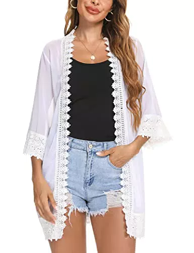 Aottori Damen Chiffon Cardigan Leicht Sommer Offene Front Bolero Lang Strand 3/4 Arm Strickjacke Beachwear Bikini Cover up Shawl Bluse Oberteil Tops Weiß L