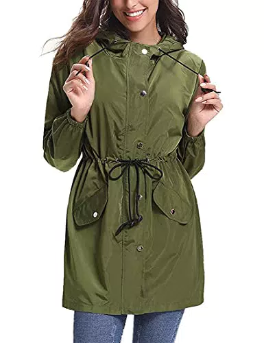 Aottori Damen Regenjacke Wasserdicht Atmungsaktiv Leichter Kapuzen Trenchcoats Windjacke mit Einstellbarer Kapuze für Sommer und Herbst Armeegrün L