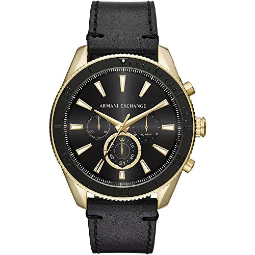 Armani Exchange Herrenuhr, QuarzChronographenwerk, 46mm GoldEdelstahlgehäuse mit Lederarmband
