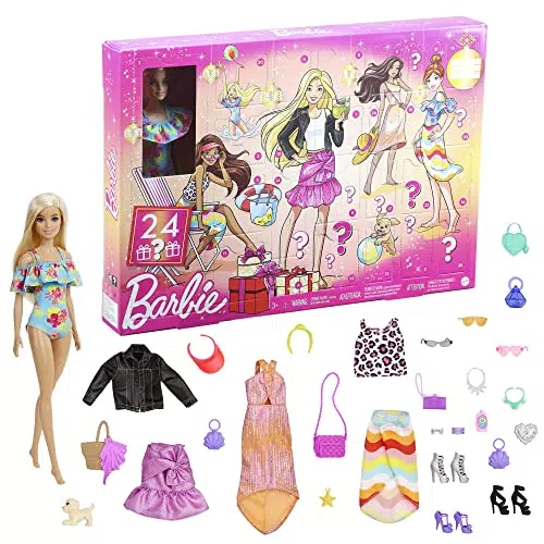 Barbie-Adventskalender mit Barbie-Puppe, 24 Überraschungen inklusive trendiger Kleidung und Accessoires für jeden Tag
