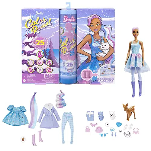 Barbie Color Reveal Adventskalender, 1 Color Revea Puppe & 3 Haustiere