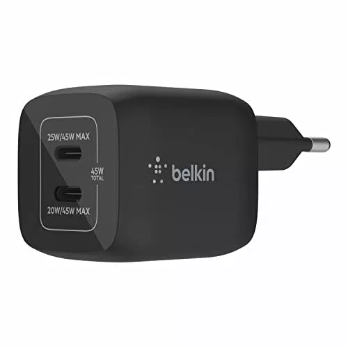 Belkin 45-W-USB-C-Ladegerät mit 2 Ports, Schnellladen mit Power Delivery 3.0 und GaN-Technologie für iPhone 14