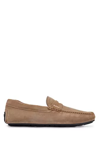 BOSS Herren Noel Mocc Mokassins aus Veloursleder mit Branding Beige 40 Größe 40