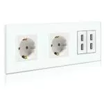 BSEED Schuko Steckdose mit USB Weiß Glas Panel Steckdose Glas 16 Amp Steckdose 4.8A Doppel USB 228mm Doppelt Wandsteckdose Verlängerungssteckdosen