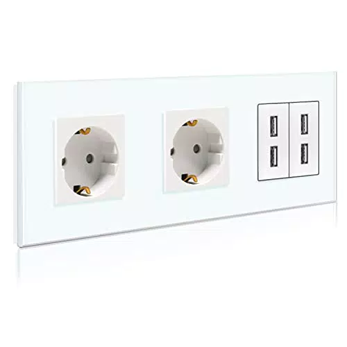 BSEED Schuko Steckdose mit USB Weiß Glas Panel Steckdose Glas 16 Amp Steckdose 4.8A Doppel USB 228mm Doppelt Wandsteckdose Verlängerungssteckdosen