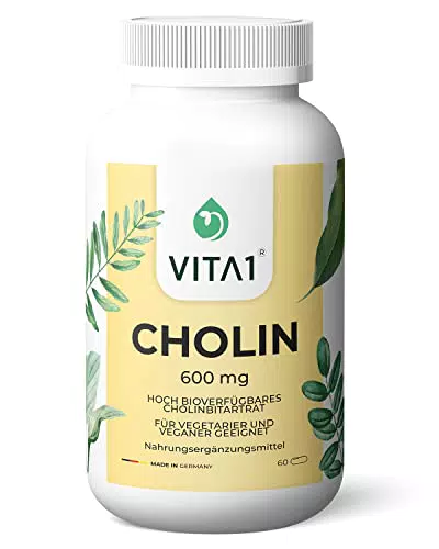 Cholin 600mg • 60 Kapseln• für einen normalen Fettstoffwechsel • VITA1 • Cholin-Kapseln für Veganer und Vegetarier