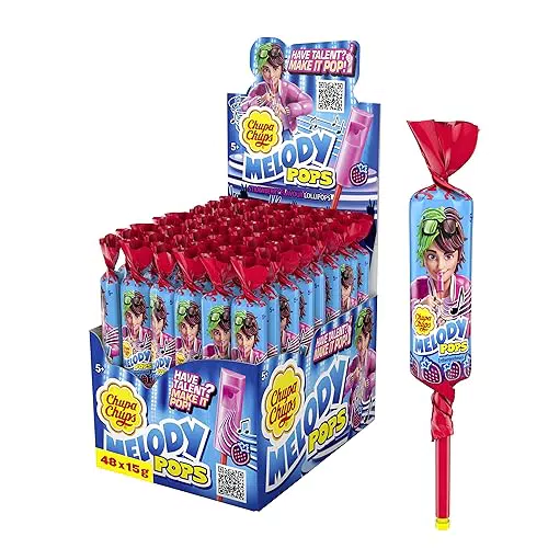 Chupa Chups Melody Pops Erdbeere, Thekendisplay mit 48 fruchtigen Erbeer-Lollis in Flötenform zum Musik spielen
