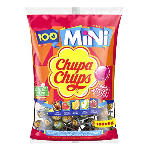 Chupa Chups Mini Classic Lutscher-Beutel, enthält 100 Mini-Lollis in den 5 Geschmacksrichtungen Cola