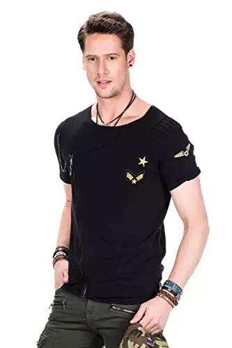 Cipo & Baxx Herren T-Shirt Kurzarm Ketten-Details Rundhals Shirt Baumwolle Sommershirt CT367 Schwarz XL