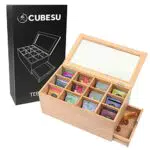 Cubesu Premium Teebox Bambus Teebeutel Aufbewahrungsbox mit Sichtscheibe aus Acrylglas - 12 verstellbare Fächer - große Holz Tee Box
