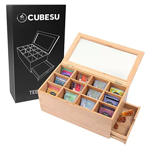 Cubesu Premium Teebox Bambus Teebeutel Aufbewahrungsbox mit Sichtscheibe aus Acrylglas - 12 verstellbare Fächer - große Holz Tee Box
