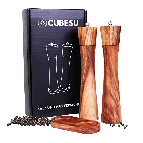 Cubesu Salz und Pfeffermühle - Gewürzmühle mit verstellbarem Keramikmahlwerk - Pfeffer und Salzmühle aus Akazien-Holz - Pfeffermühlen für Gewürze