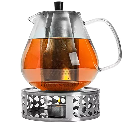 Cubesu Teekanne Glas mit Siebeinsatz Premium Glas Teekanne mit Stövchen - Teebereiter für losen Tee inkl. Tee Stövchen aus rostfreiem Edelstahl