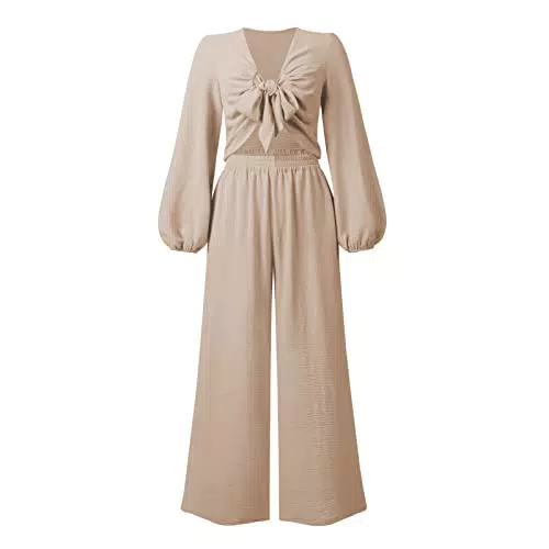 Damen 2 Stück Outfits Bindeknoten Langarm Shirt Hohe Taille Weites Bein Hosen Sets Loungewear Streetwear