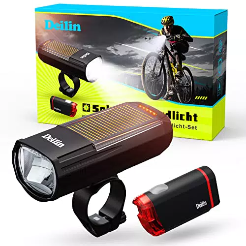 Deilin Fahrradlicht Set, Solarbetriebene & USB Aufladbar Fahrradlampe LED Fahrradbeleuchtung