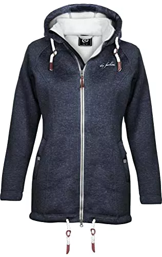 Dry Fashion Damen Wollfleece Mantel Oslo - Winter Jacke Damen Frauen Jacke mit verstellbarer Kapuze Windabweisend Gefüttert in Navy Größe 44